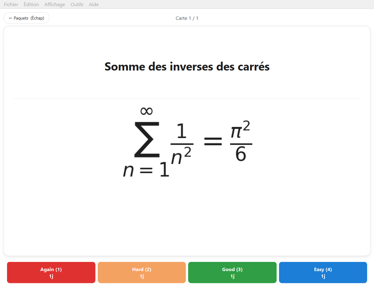 Carte de maths dans PrépaCards affichant la somme des inverses des carrés en formule rendue