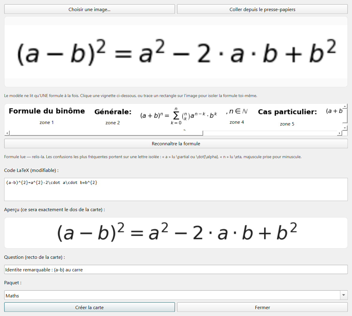 Fenêtre d'import de PrépaCards : une page de cours découpée en vignettes, avec le code LaTeX reconnu et son aperçu